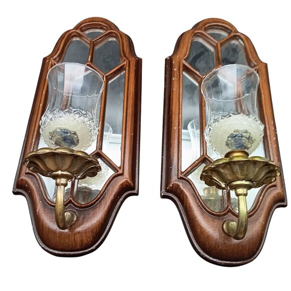 Vintage Wooden & Brass Mirrored Wall Sconce Candle Holders Set Of 2 - Picture 1 of 4